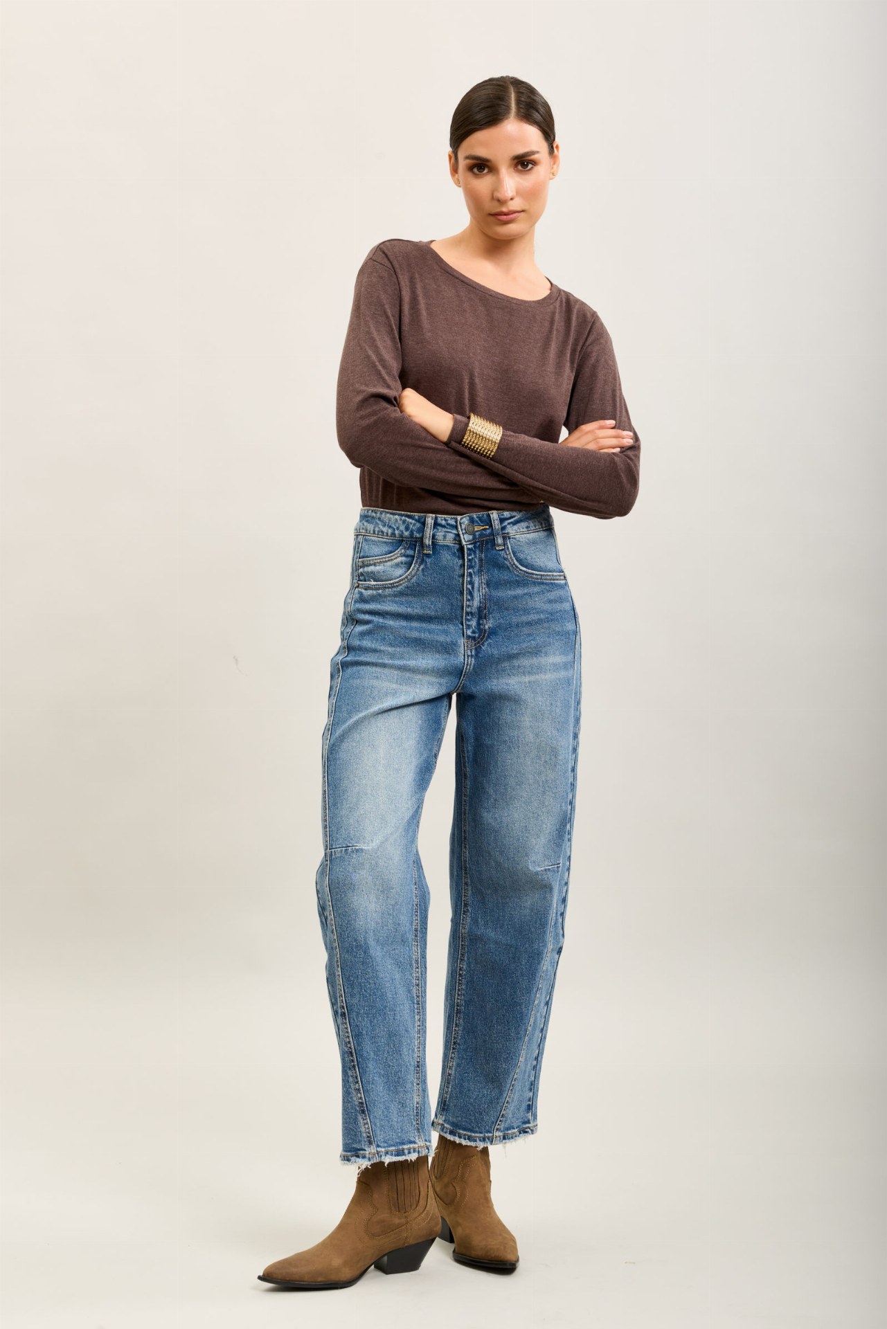 Jeans barrel bas effiloché - Bleu moyen délavé