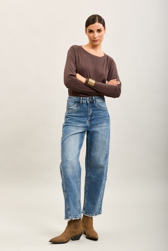 Jeans barrel bas effiloché - Bleu moyen délavé
