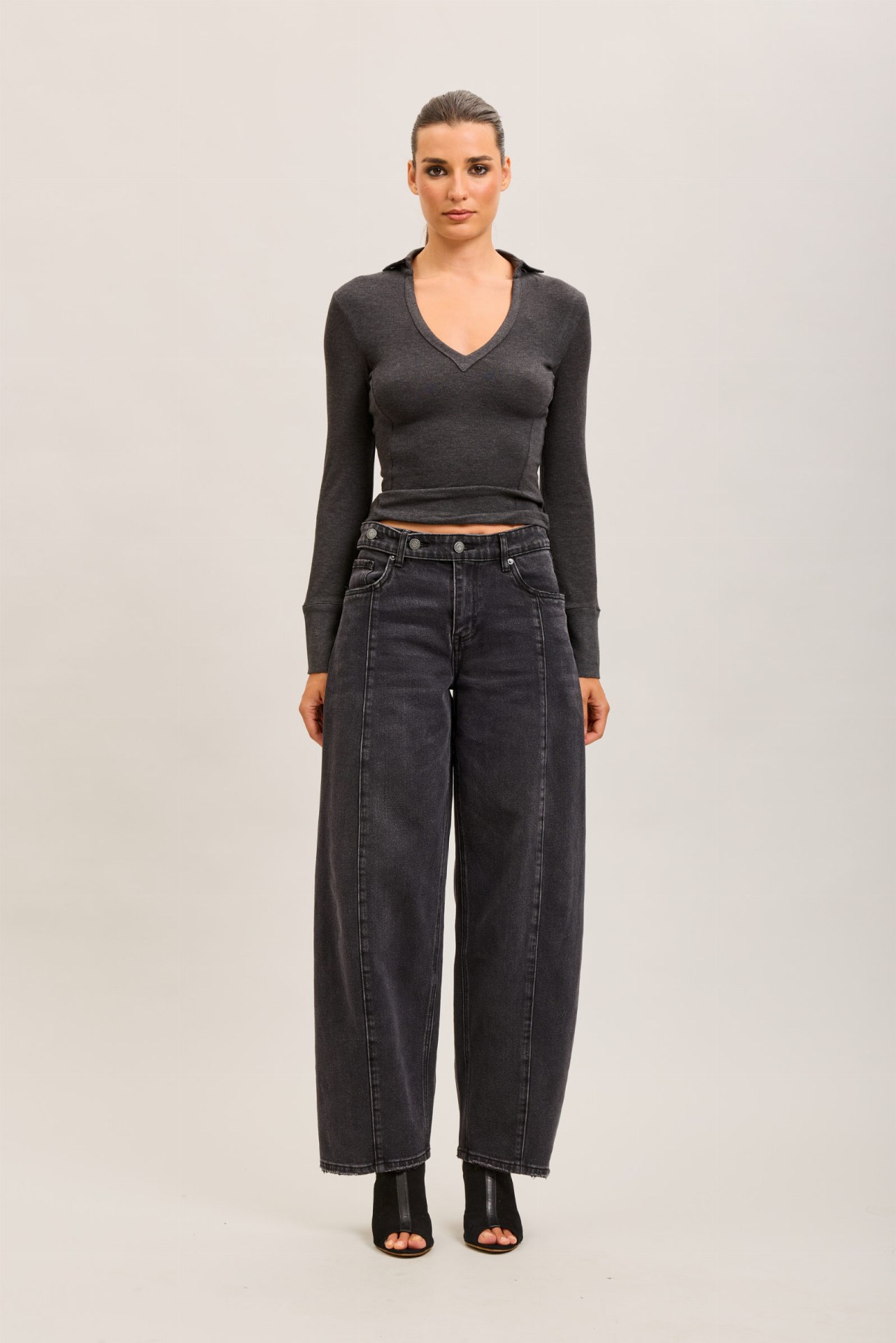 Jeans barrel taille croisée - Noir délavé