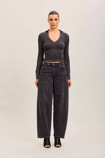 Jeans barrel taille croisée - Noir délavé