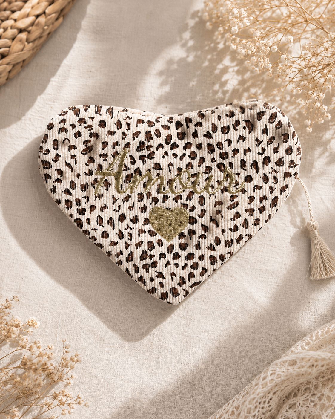 Pochette cœur en velours côtelé - Amour - Léopard beige