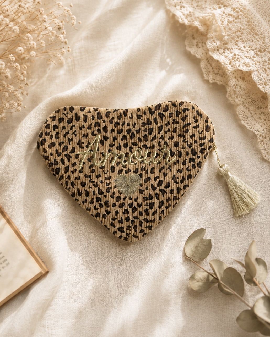Pochette cœur en velours côtelé - Amour - Léopard taupe