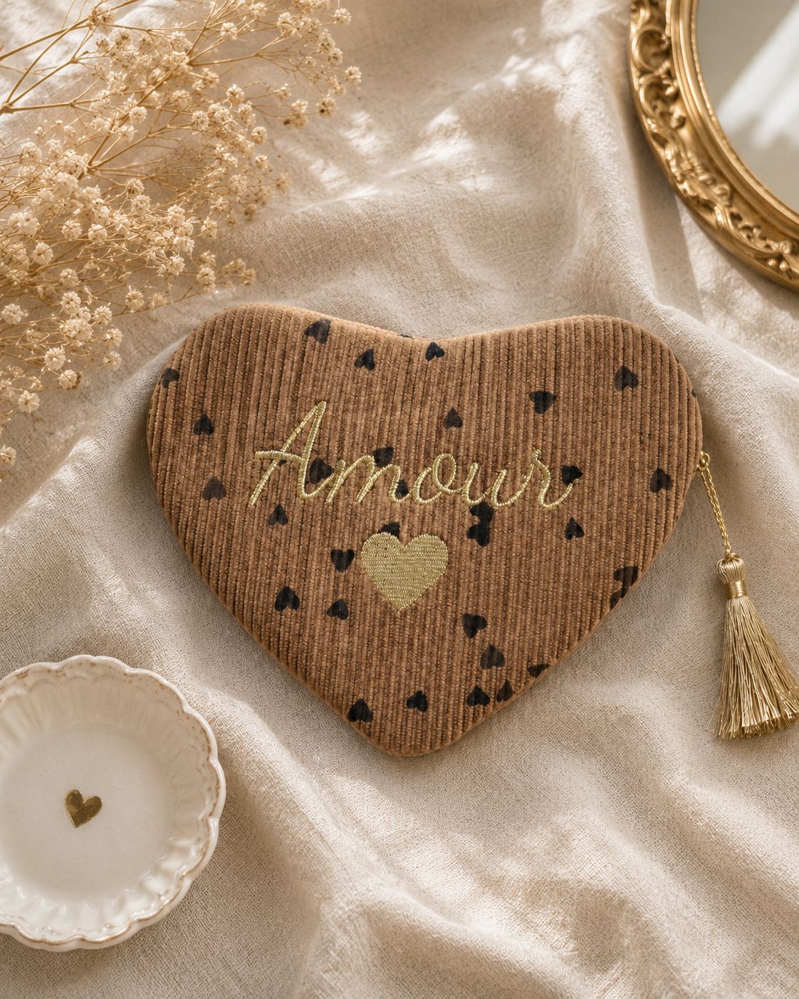 Pochette cœur en velours côtelé - Amour - Petits cœurs taupe