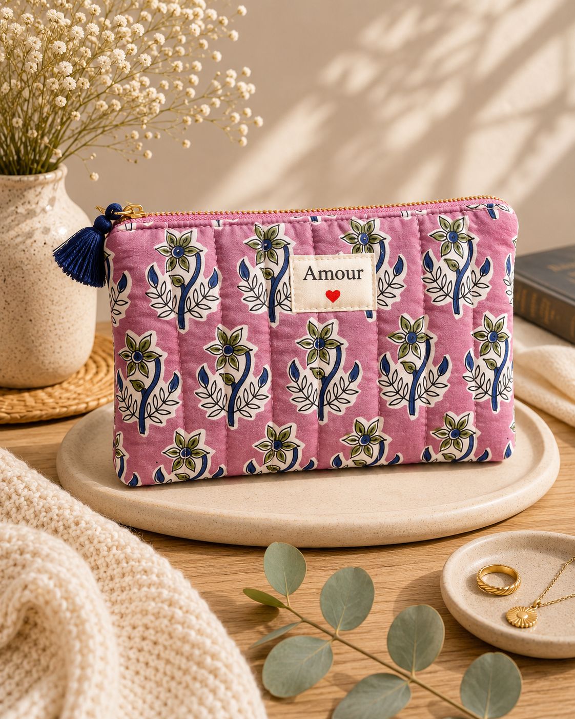 Pochette matelassée - Amour - Fleurs violet