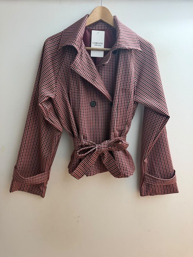 Veste croisée à carreaux ceinturée - Bordeaux