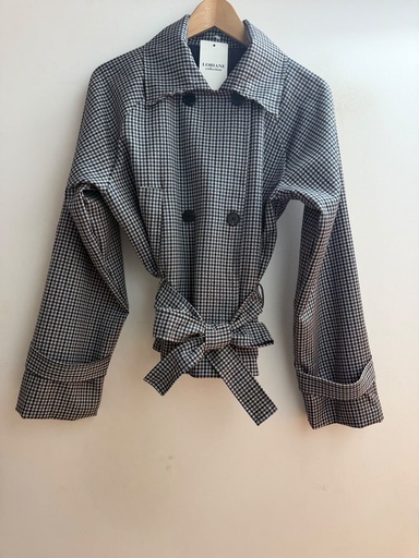 Veste croisée à carreaux ceinturée - Marine