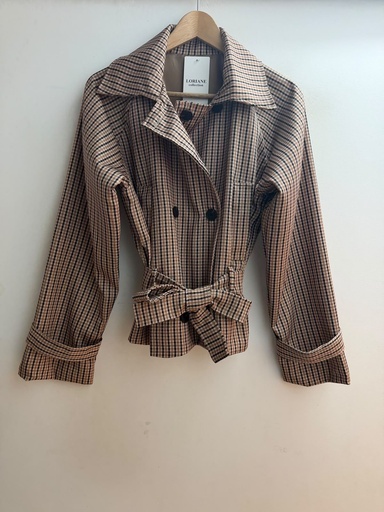 Veste croisée à carreaux ceinturée - Camel