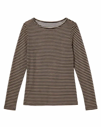 Blouse seconde peau manches longues à fines rayures - Beige et noir