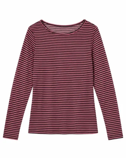 Blouse seconde peau manches longues à fines rayures - Rose et noir