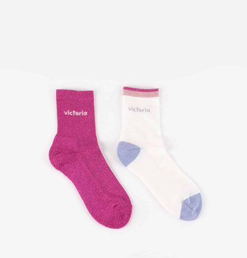 Chaussettes - Victoria - Hautes - Double lignes et Lurex - Pack de deux - Fuchsia/Blanc