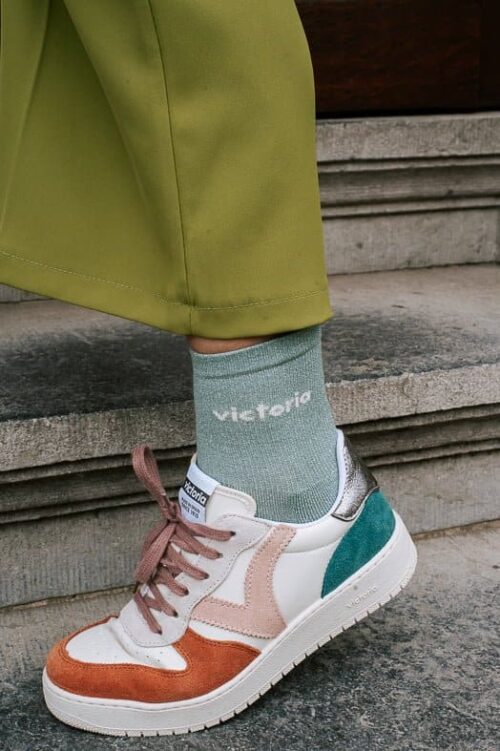 Chaussettes - Victoria - Hautes - Double lignes et Lurex - Pack de deux - Mint/Blanc