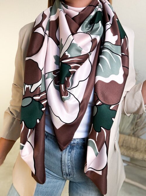Foulard grand carré satiné imprimé - Jade - Taupe