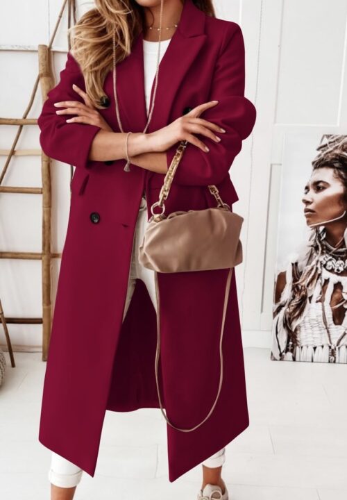 Manteau long uni à boutons noirs et doublure - Camille - Bordeaux