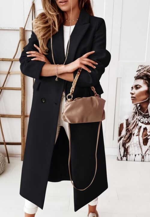 Manteau long uni à boutons noirs et doublure - Camille - Noir