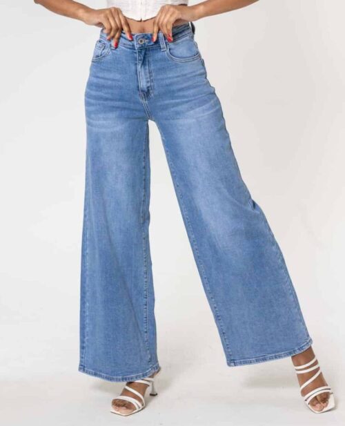 Jeans wide leg uni taille haute - Nathalie - Bleu clair