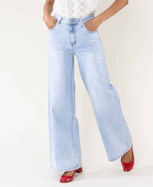 Jeans wide leg uni taille haute - Nathalie - Bleu très clair