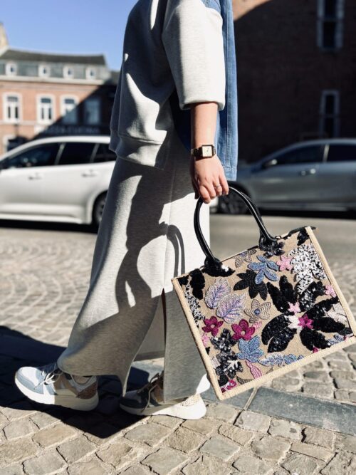 Sac cabas coton avec motif brodé - Léna - noir