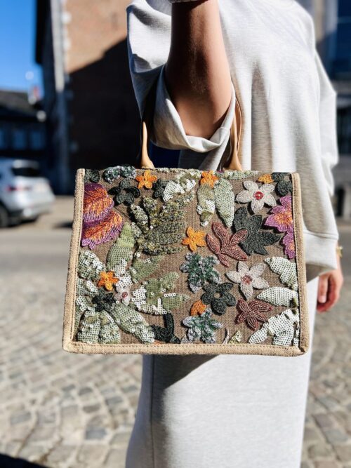 Sac cabas coton avec motif brodé - Léna - vert d'eau