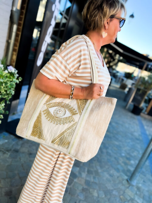 Sac cabas coton et perles - oeil - beige doré et blanc