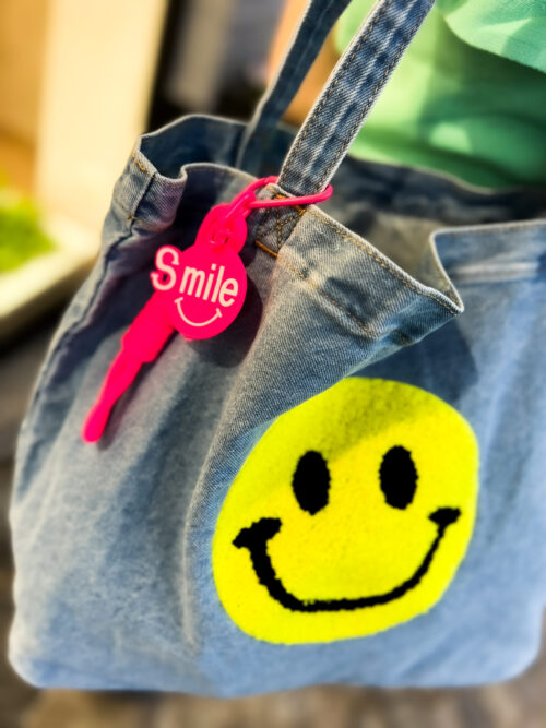 Sac en coton denim floqué - SMILE - bleu et jaune