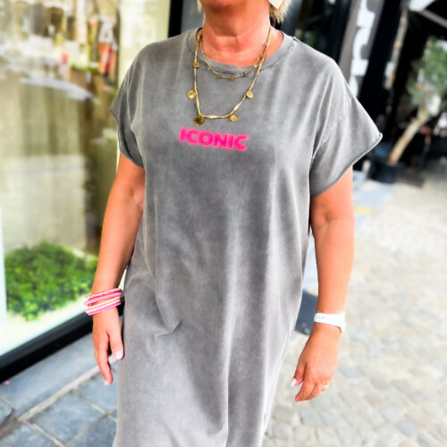 Robe imprimée col V - Iconic - gris et rose