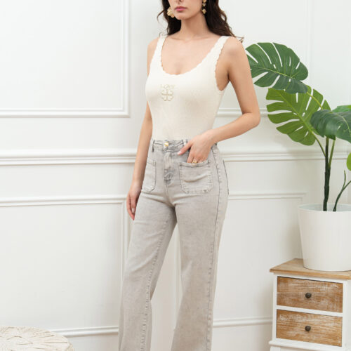 Jeans large avec poches appliquées - Loris - gris délavé
