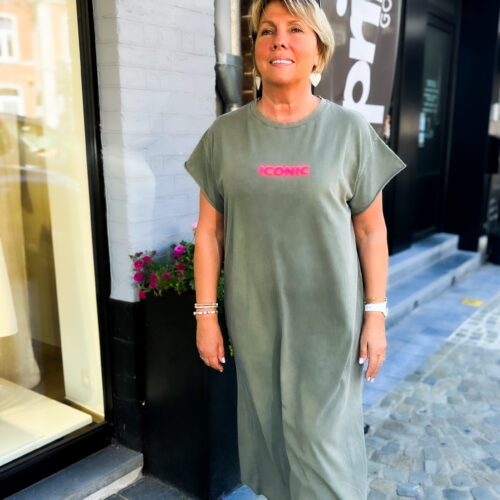 Robe imprimée col V - Iconic - kaki délavé et rose