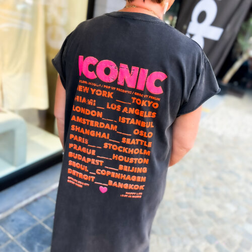 Robe imprimée col V - Iconic - noir délavé et rose
