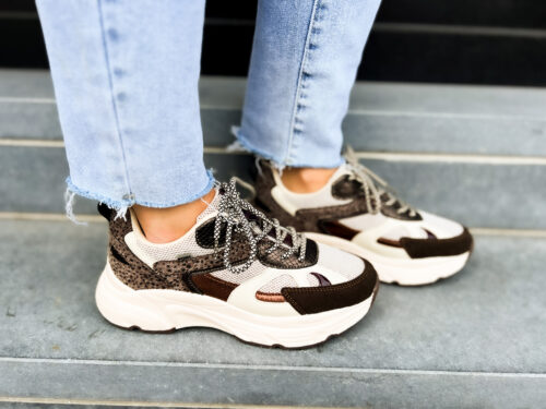 Basket basse pour femmes POELMAN AYOKI Beige et brun chocolat print animal semelle structurée