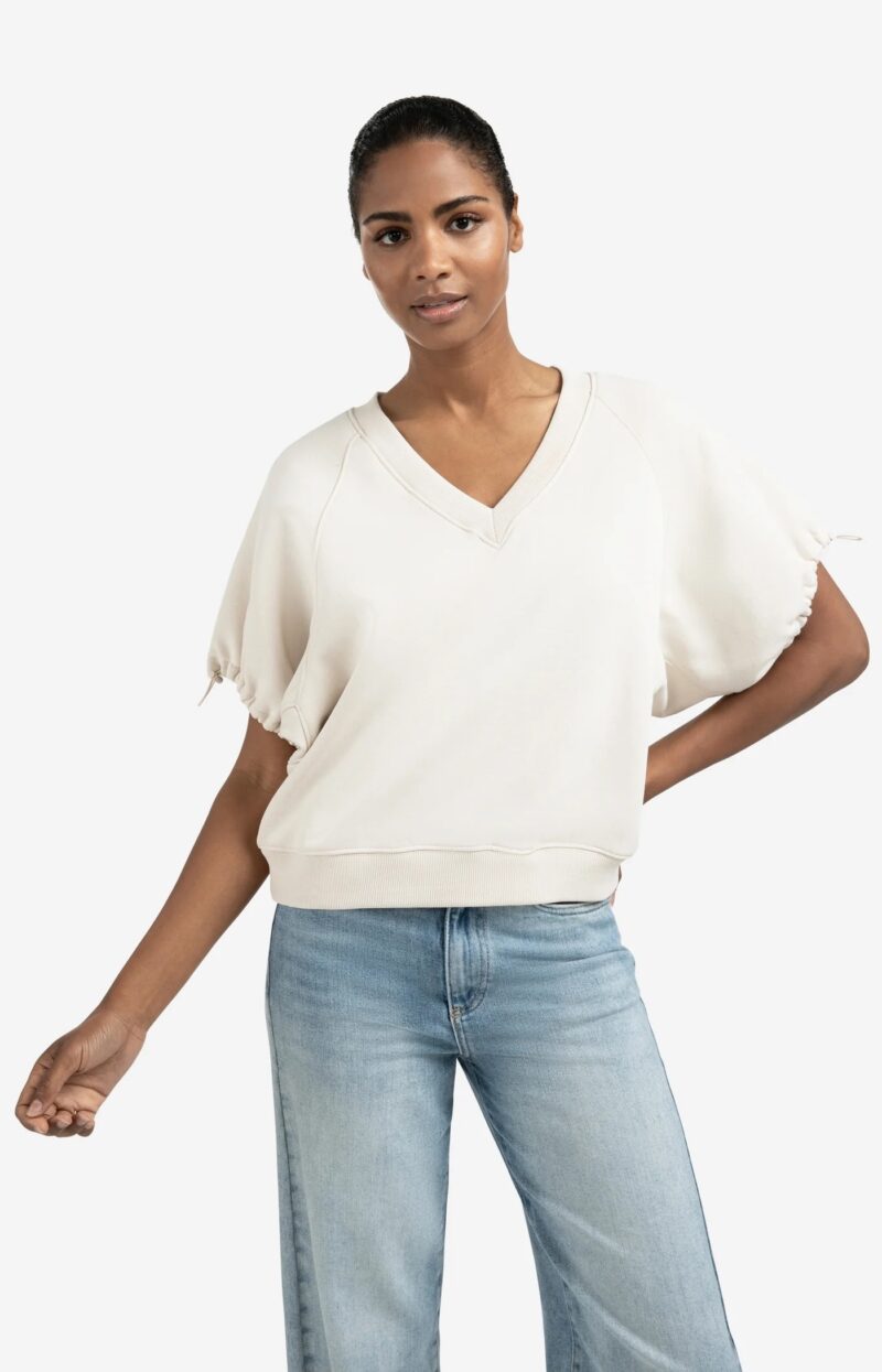 sweat col v et manches avec cordons ajustables yaya beige 03