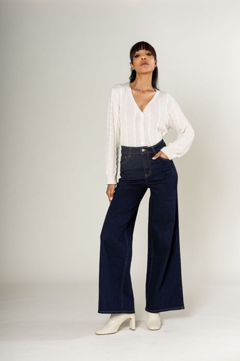 Jeans wide leg uni taille haute Nathalie bleu brut Dame 17794 2