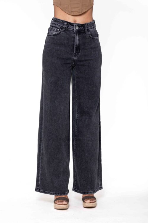 Jeans wide leg uni taille haute - Nathalie - noir délavé