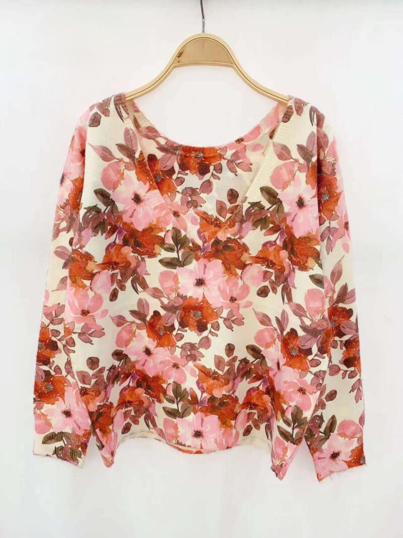 pull imprime col v fleur dautomne 01