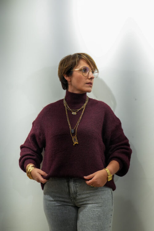 Pull en mailles uni col montant - Tina - burgundy