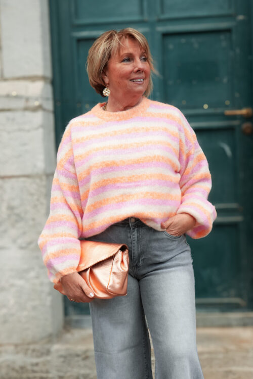 Pull en mailles col rond ligné - Orange