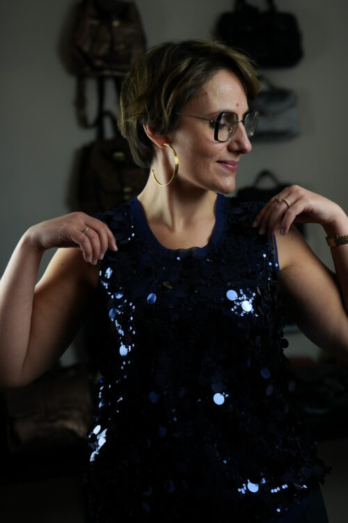 Top col rond - Paillettes - Marine