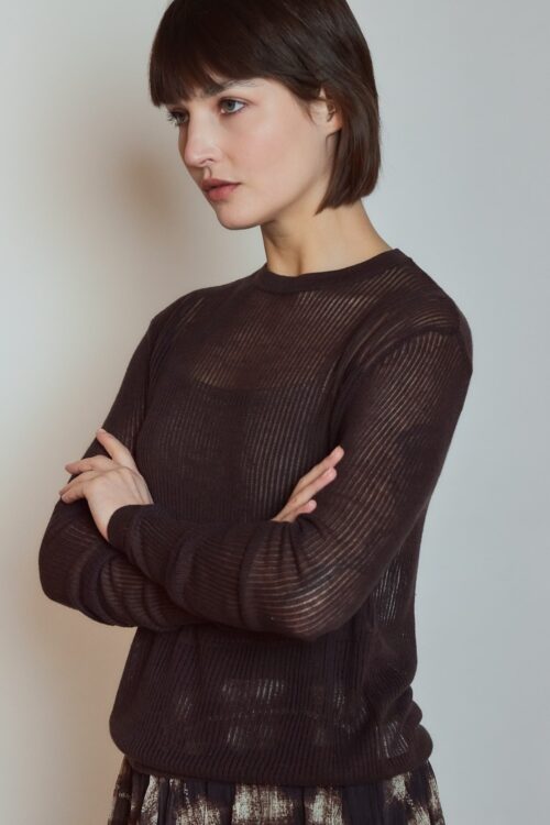 Pull fin à manches longues et col rond - Chocolat