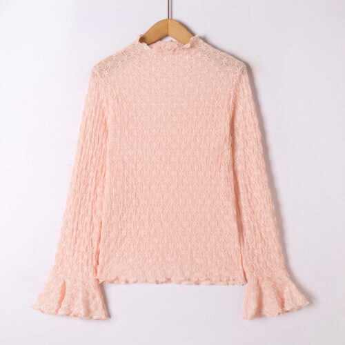 Blouse col montant et manches ajourée - Détails dentelle - Rose