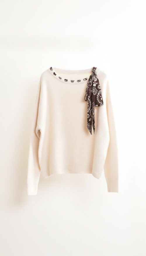Pull uni col rond détail bandana - écru