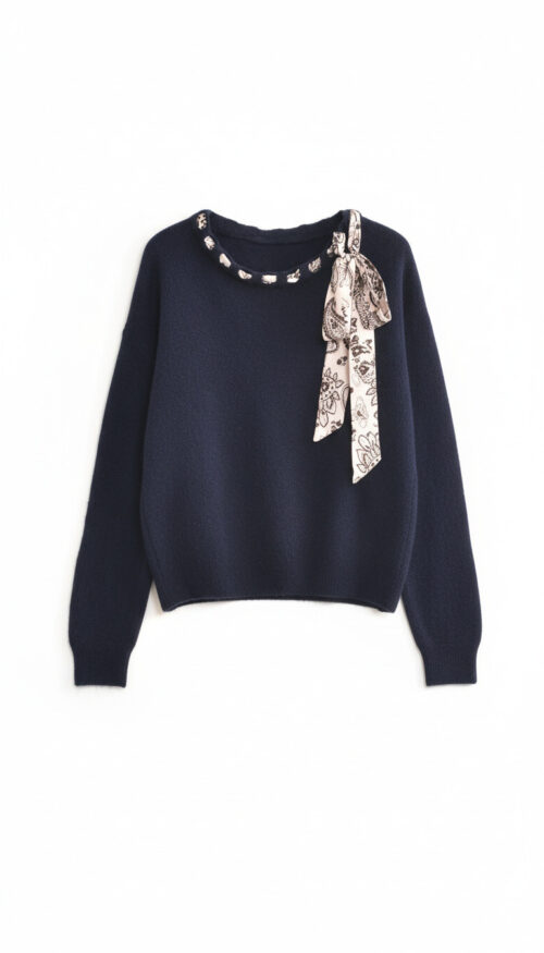 Pull uni col rond détail bandana - Marine