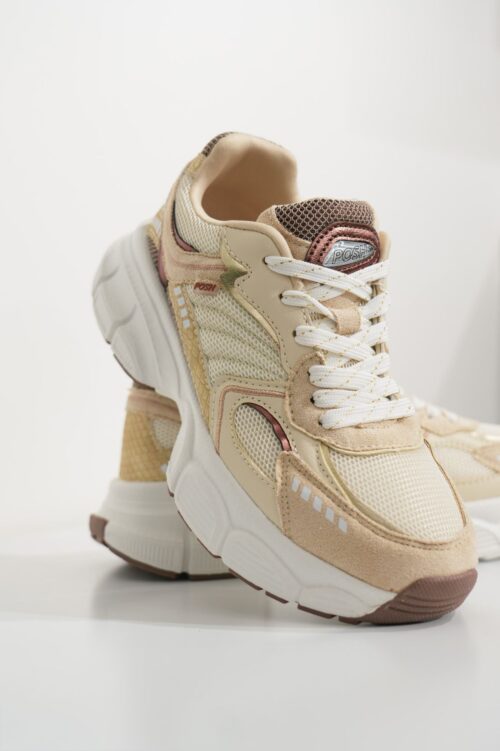 Basket basse pour femmes POELMAN - Lise - Beige, crème, soft gold, blanc avec semelle structurée et imprimé animal