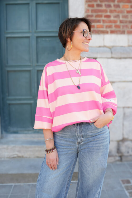 Sweat col rond à rayure - Rose et saumon