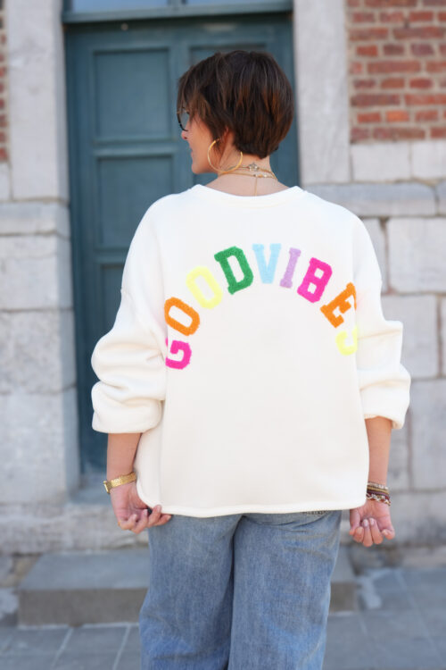 Sweat col rond - Good Vibes - Blanc et multi