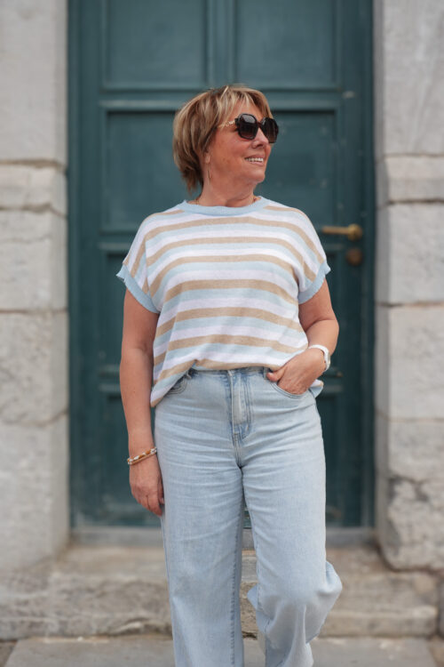 Blouse en mailles col rond avec petites manches - Valina - bleu ciel