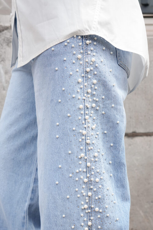 Jeans barrel/ballon avec perles - Lisa - bleu clair