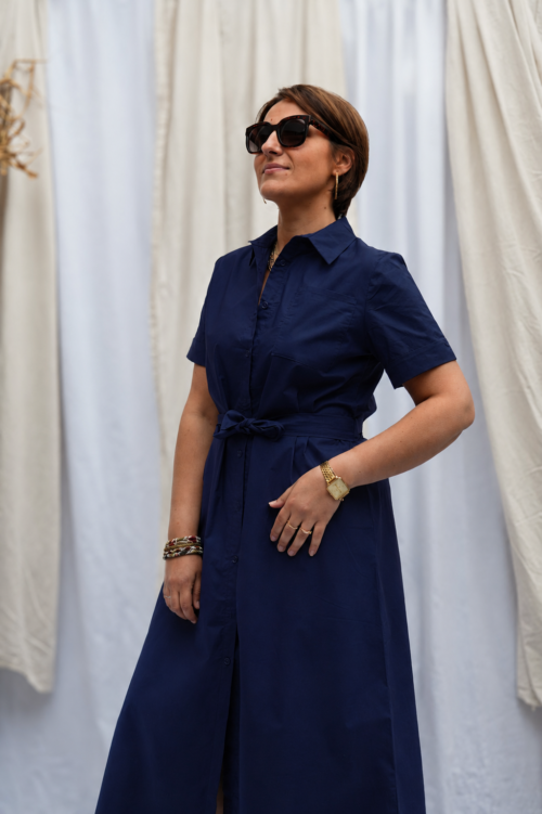 Robe mi-longue en coton glacé - Bleu marine
