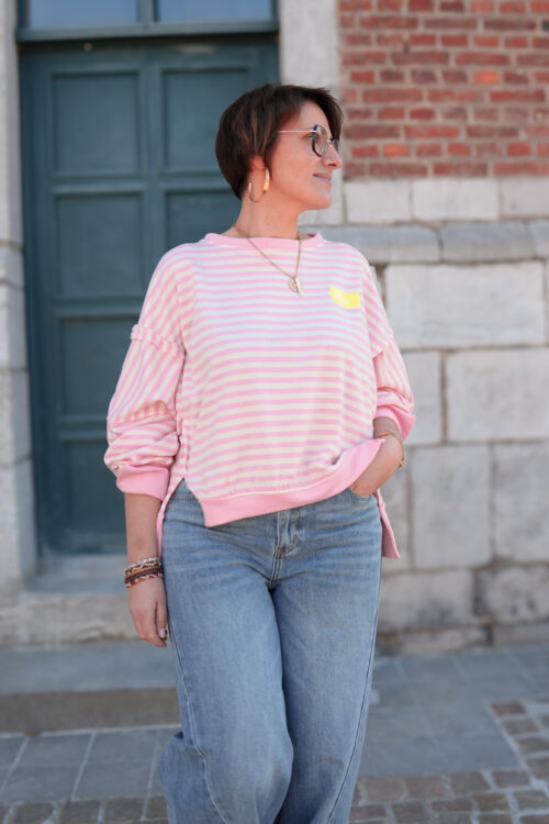 Sweat rayures avec patch - YOURSELF - blanc et rose