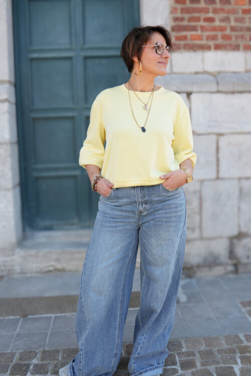 Sweat-shirt uni manches ballon ultra-doux - Daria - Jaune pastel