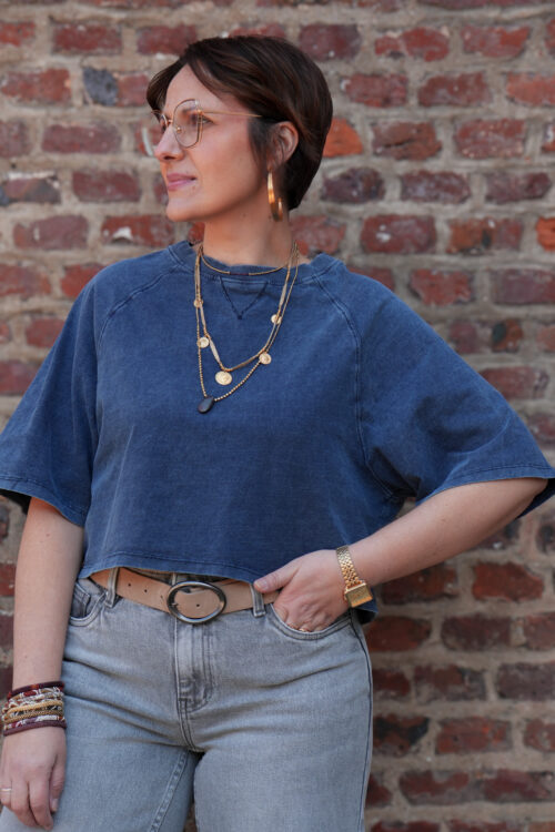 T-shirt oversize délavé - Coupe courte - Bleu