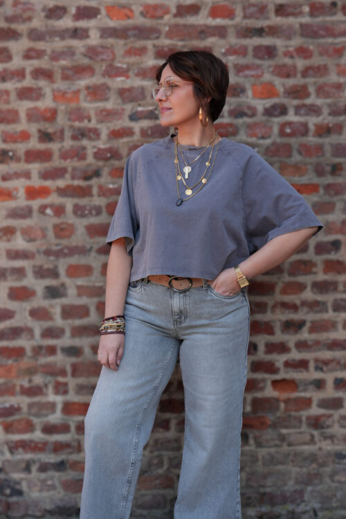T-shirt oversize délavé - Coupe courte - Gris